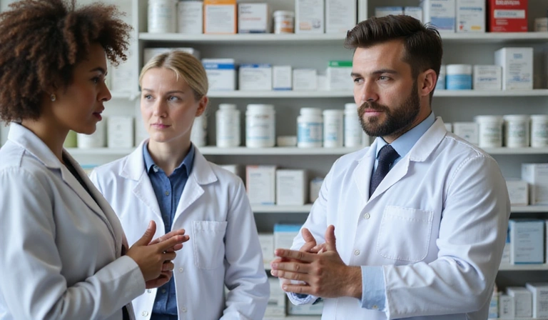 Pharmacy professionals discussing health solutions